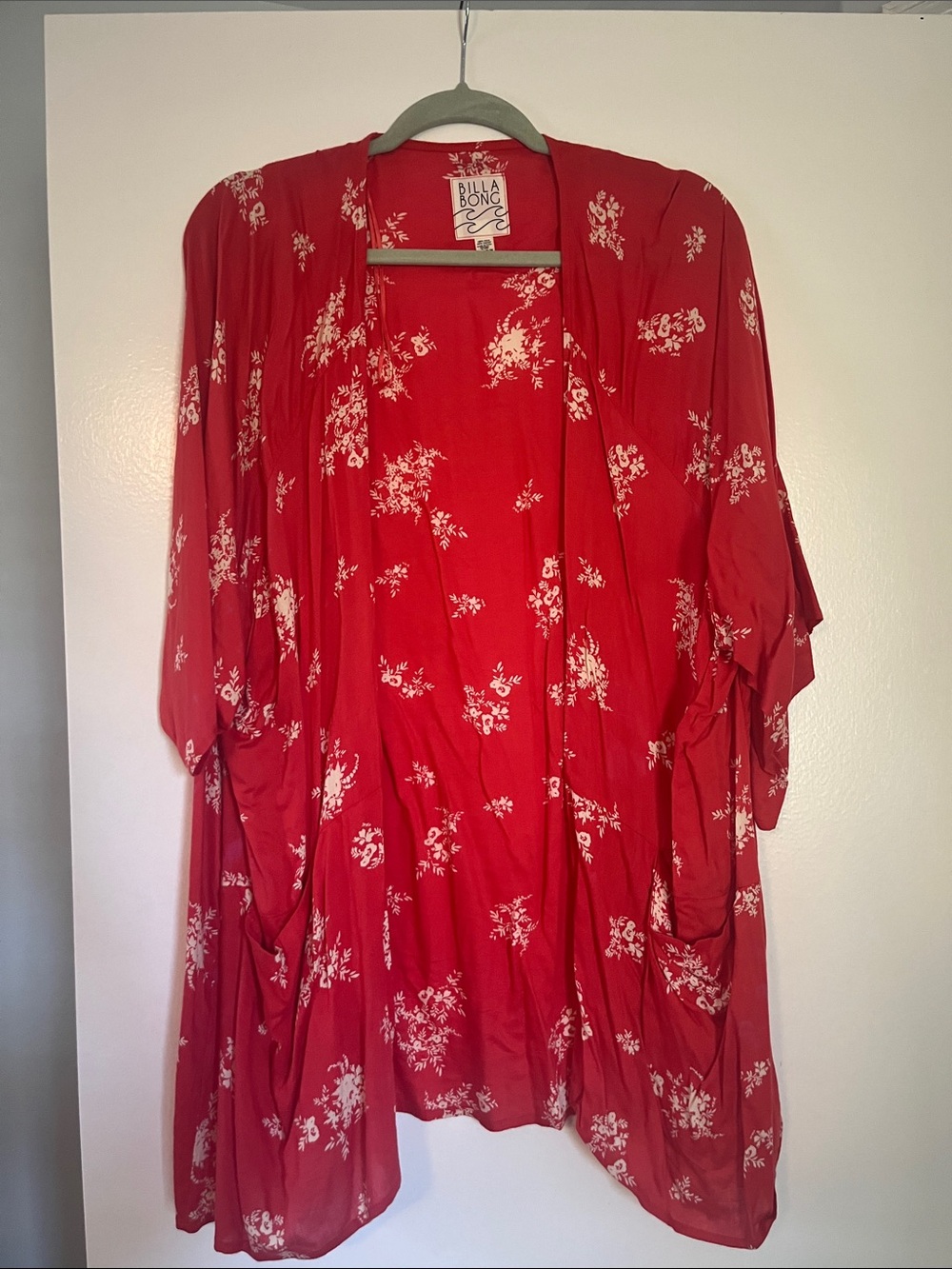 Billabong Red Floral Open-Front Kimono Cardigan